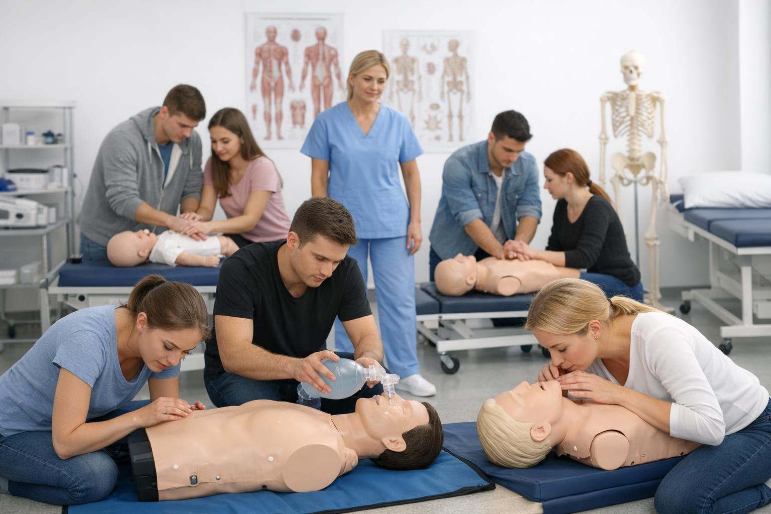 zdjęcie pracowni szkoleniowej z grupą studentów ćwiczących na modelach anatomicznych