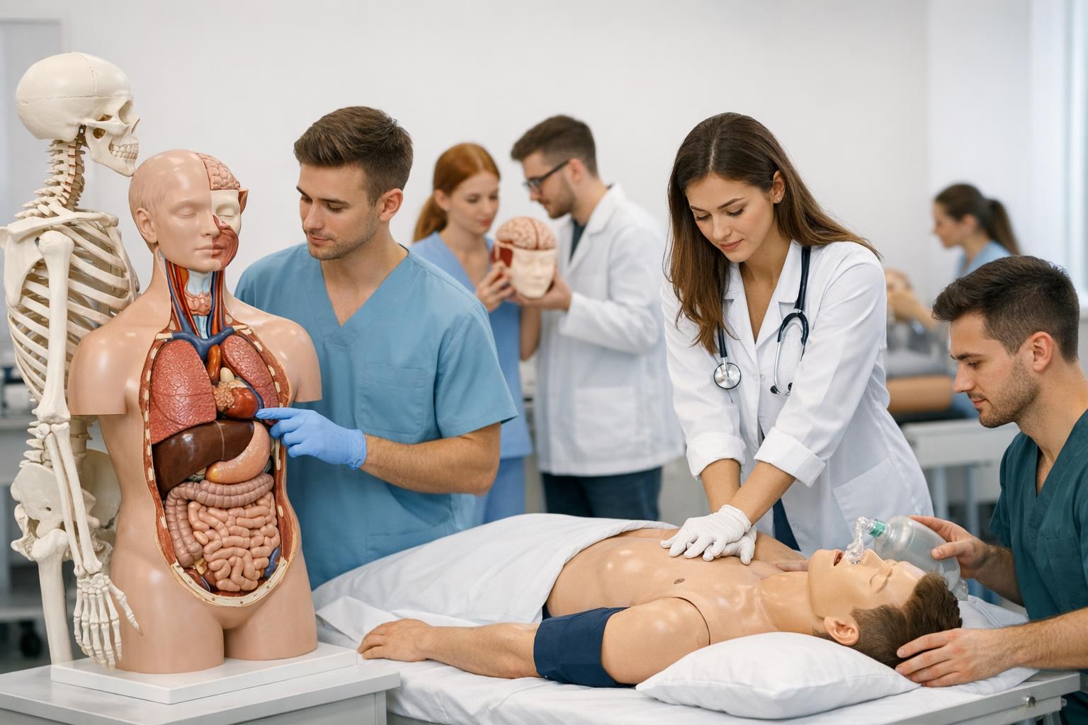 zdjęcie studentów ćwiczących na modelach anatomicznych i fantomach